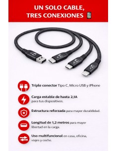 cable telefonia reforzado color negro tipo salida triple b, c , iphone 2.1 amp 2
