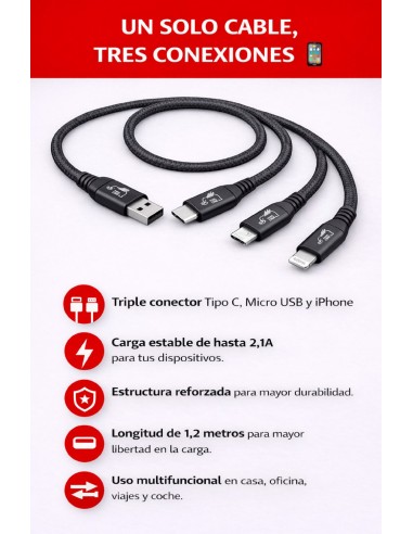 cable telefonia reforzado color negro tipo salida triple b, c , iphone 2.1 amp